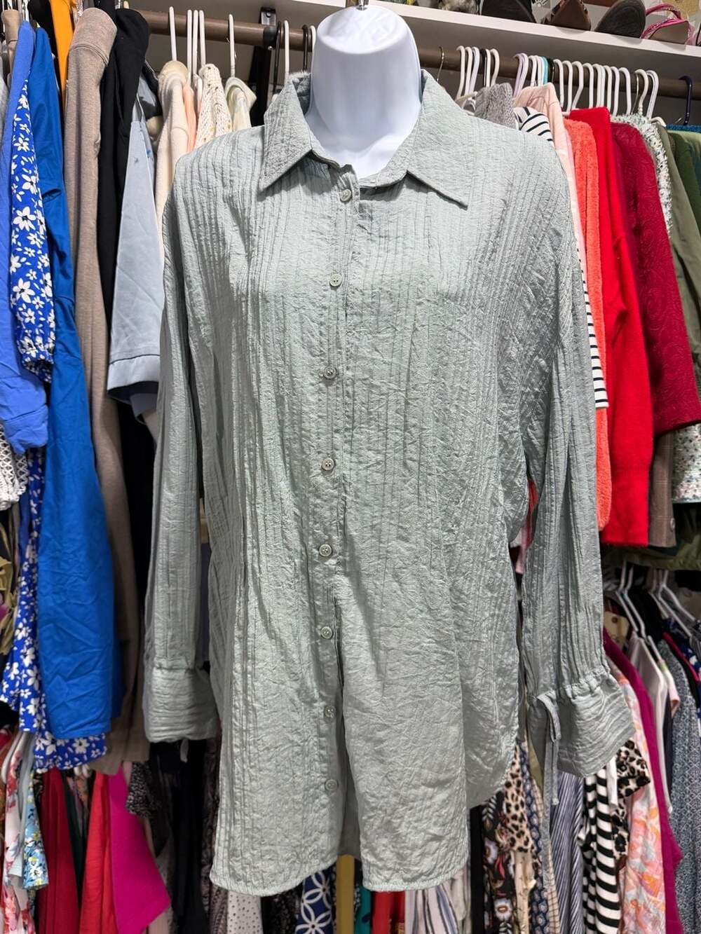 Zara Long Sleeve Button Down Shirt Green Textured
